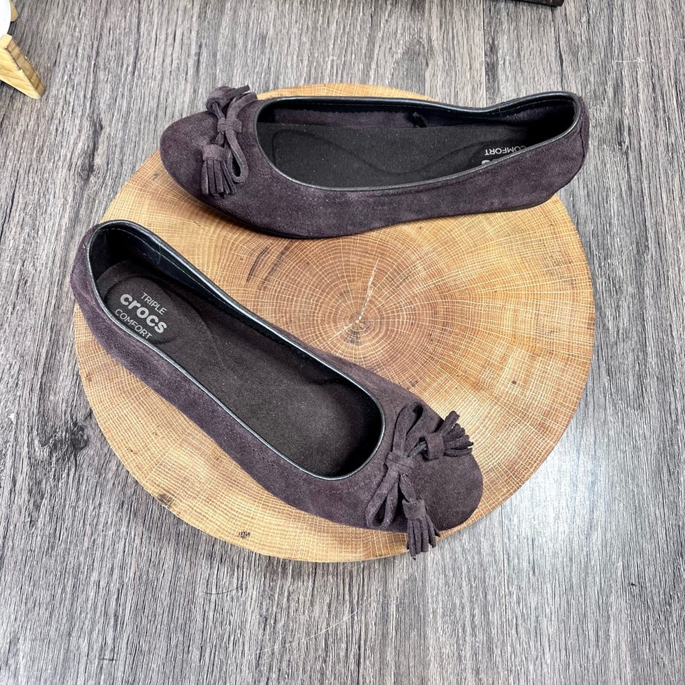 *CROCS | Brown Suede Leather Bow Tassel "Lina" Ballet Flats Size 7